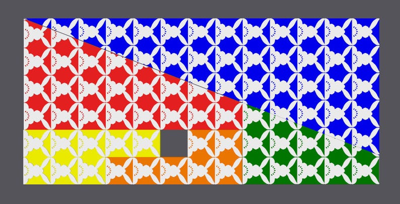 May include: A geometric pattern with a white design on a blue, red, yellow, and green background. The pattern is divided into four sections by a diagonal line.