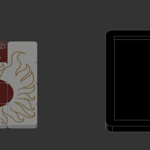 May include: A tarot card featuring the sun with a face and sun rays in gold, red, and white. The card is next to a black square frame.