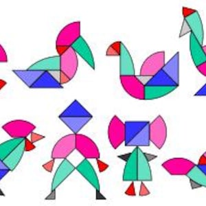 Op de afbeelding: Acht kleurrijke geometrische dierenfiguren gemaakt van verschillende vormen, waaronder cirkels, driehoeken en vierkanten. De figuren zijn in tinten roze, blauw, groen en rood.