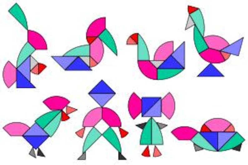 Op de afbeelding: Acht kleurrijke geometrische dierenfiguren gemaakt van verschillende vormen, waaronder cirkels, driehoeken en vierkanten. De figuren zijn in tinten roze, blauw, groen en rood.