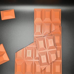 Op de afbeelding: Een set van vier bruine chocolade mallen, elk met een ander aantal vierkanten. De mallen zijn gemaakt van flexibel materiaal en zijn ontworpen om chocolade repen te maken.