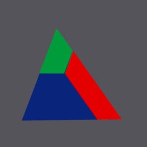 Op de afbeelding: Een geometrisch ontwerp met een driehoek verdeeld in drie secties. De secties zijn blauw, groen en rood gekleurd, tegen een grijze achtergrond. De vormen zijn eenvoudig en vet.