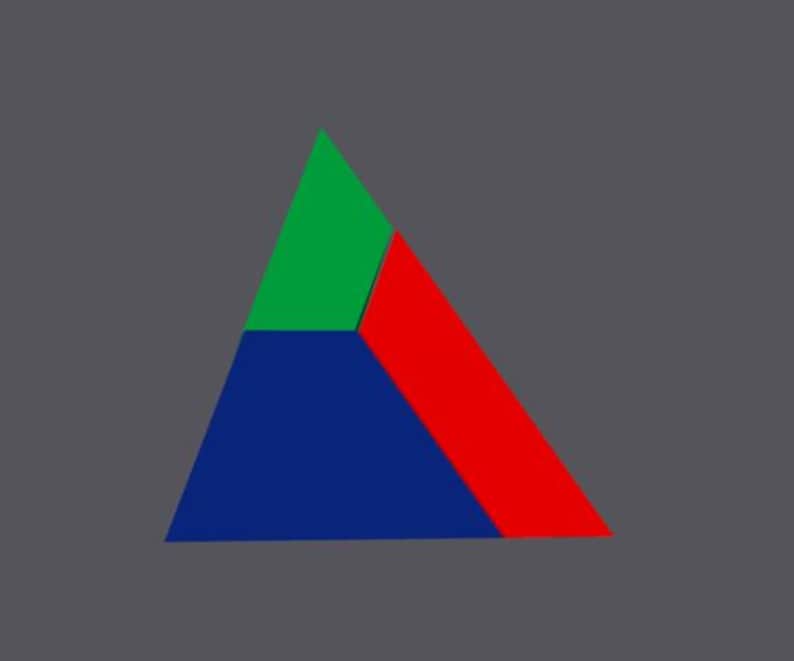 Op de afbeelding: Een geometrisch ontwerp met een driehoek verdeeld in drie secties. De secties zijn blauw, groen en rood gekleurd, tegen een grijze achtergrond. De vormen zijn eenvoudig en vet.