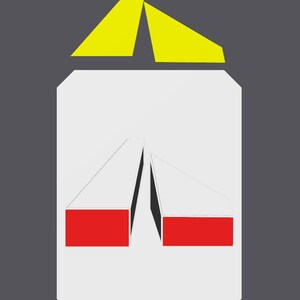 May include: Abstract geometric design featuring a white rectangular shape with red and black accents, topped with two yellow triangles. The background is a solid gray color. The overall design is minimalist and modern.