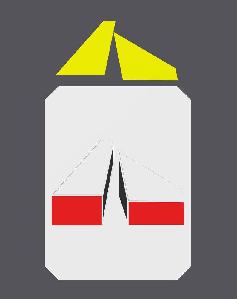 May include: Abstract geometric design featuring a white rectangular shape with red and black accents, topped with two yellow triangles. The background is a solid gray color. The overall design is minimalist and modern.