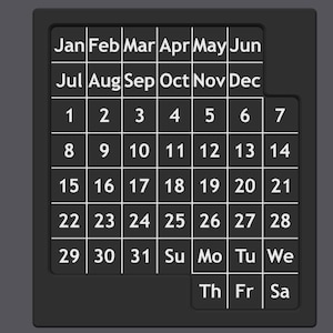 K&ouml;nnte beinhalten: Ein schwarz-wei&szlig;er Kalender mit den Monaten des Jahres oben und den Wochentagen unten. Die Zahlen von 1 bis 31 sind im Kalenderraster aufgelistet.
