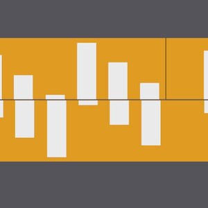 May include: A graphic representation of a sound wave, displayed as a series of white bars on a yellow background. The bars are of varying heights, indicating different sound levels.