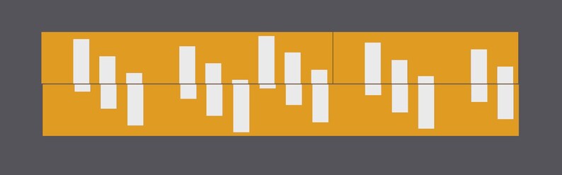 May include: A graphic representation of a sound wave, displayed as a series of white bars on a yellow background. The bars are of varying heights, indicating different sound levels.