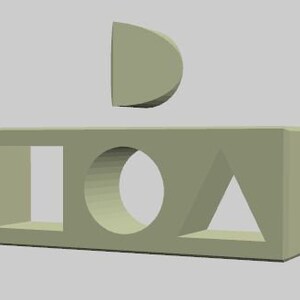 May include: A beige wooden block with three cutouts: a square, a circle, and a triangle. A half-circle shape is positioned above the block.