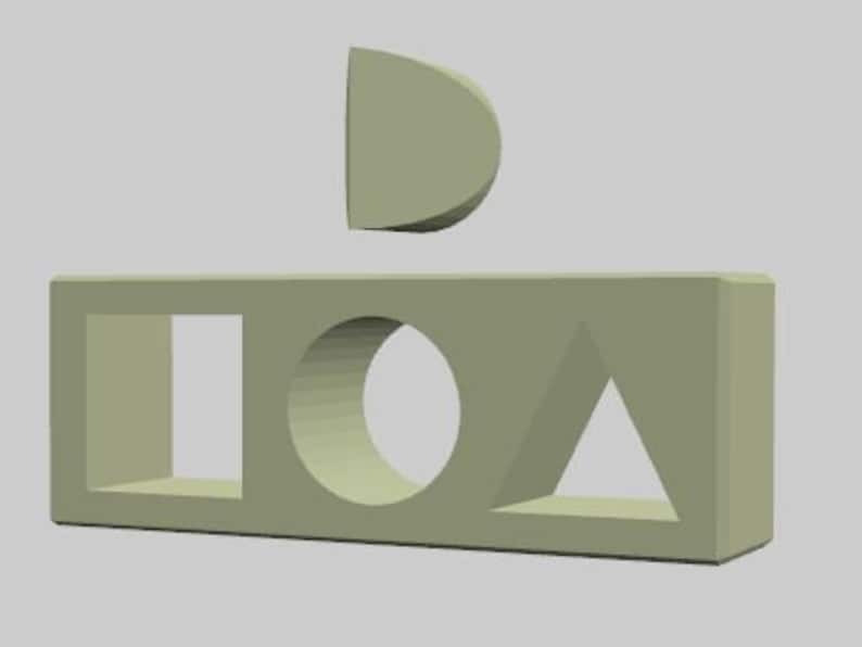 May include: A beige wooden block with three cutouts: a square, a circle, and a triangle. A half-circle shape is positioned above the block.