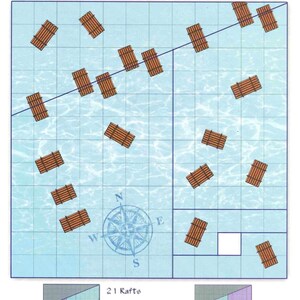 May include: A game board titled "The Bermuda Square" with a grid pattern and a compass rose. Brown rafts are scattered across a blue water background. The text "21 Rafts" and "20 Rafts" are below the board, with corresponding diagrams.