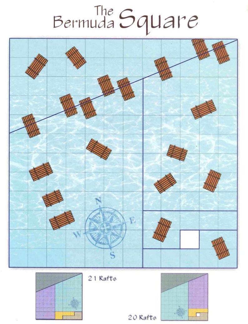 May include: A game board titled "The Bermuda Square" with a grid pattern and a compass rose. Brown rafts are scattered across a blue water background. The text "21 Rafts" and "20 Rafts" are below the board, with corresponding diagrams.