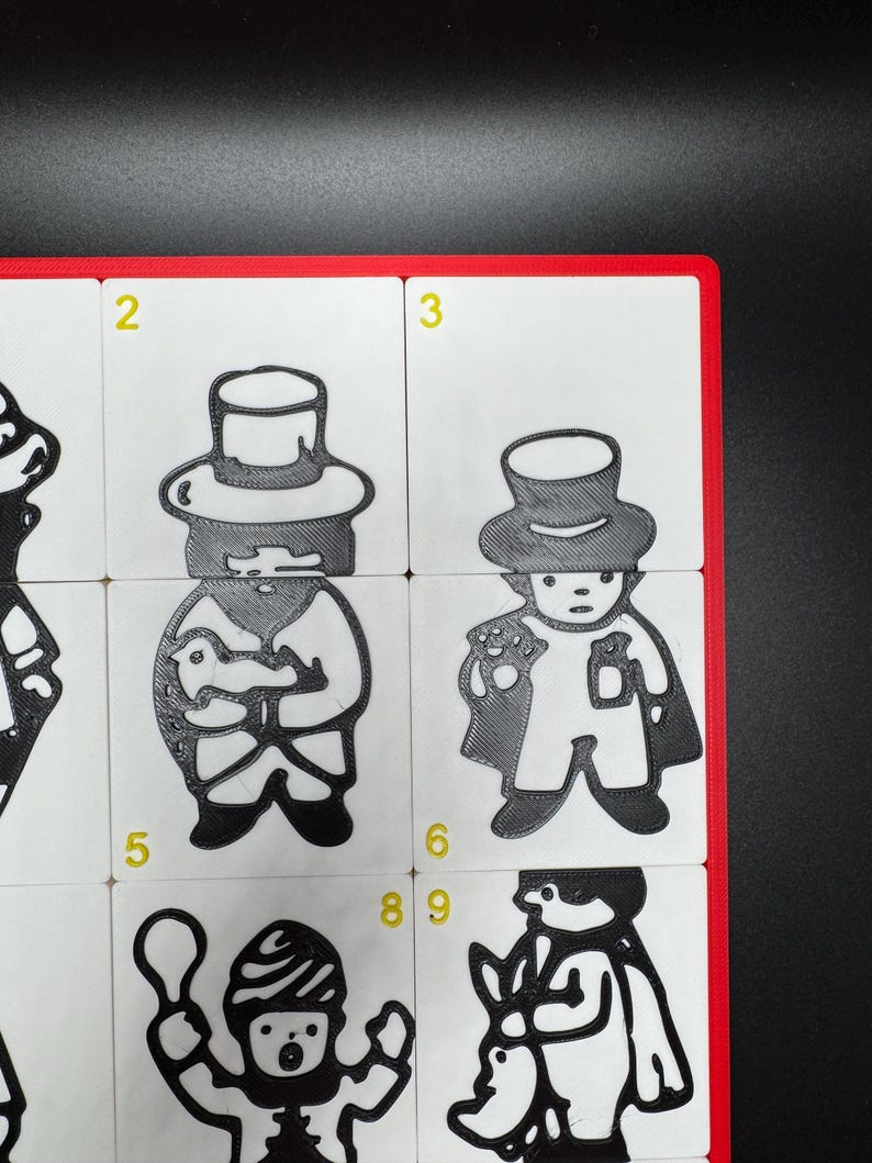 May include: Nine black and white illustrations of people wearing hats and holding various objects. The illustrations are numbered 2, 3, 5, 6, 8, and 9.