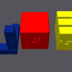 May include: Three wooden blocks stacked on top of each other. The top block is yellow and has the letters "a^2b" on it. The middle block is yellow and has the letter "a" on it. The bottom block is yellow and has the letter "a" on it. The block to the left of the yellow blocks is red and has the number "c^3" on it. The block to the left of the red block is blue and has the number "2^2" on it. The block to the left of the blue block is blue and has the number "2^3" on it.
