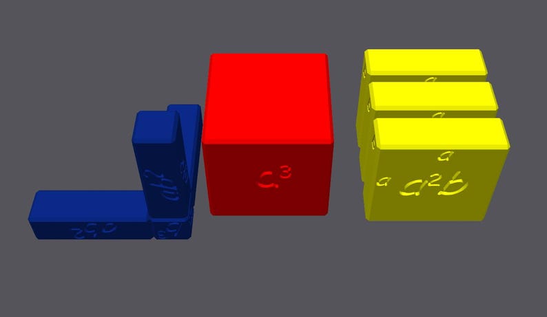 May include: Three wooden blocks stacked on top of each other. The top block is yellow and has the letters "a^2b" on it. The middle block is yellow and has the letter "a" on it. The bottom block is yellow and has the letter "a" on it. The block to the left of the yellow blocks is red and has the number "c^3" on it. The block to the left of the red block is blue and has the number "2^2" on it. The block to the left of the blue block is blue and has the number "2^3" on it.