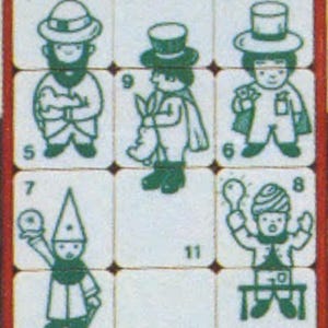 May include: A green and white puzzle with 11 numbered squares. Each square features a cartoon illustration of a person wearing a hat. The hats include a top hat, a pointed hat, a bowler hat, and a turban.
