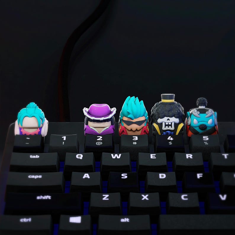 May include: Five colorful keycaps featuring cartoon characters with different hairstyles and facial expressions. The keycaps are placed on a black keyboard with white lettering. The keycaps are labeled with numbers 1 through 5 and symbols such as @, #, $, and %.