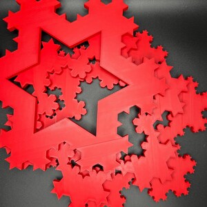 May include: A red 3D printed fractal snowflake design. The snowflake is made up of multiple layers of stars, each with a different number of points. The design is intricate and detailed.
