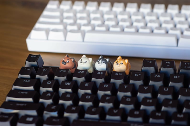 May include: Close-up of a black mechanical keyboard with four custom keycaps shaped like cartoon dogs. The keycaps are brown, white, black, and tan. A white keyboard is in the background.