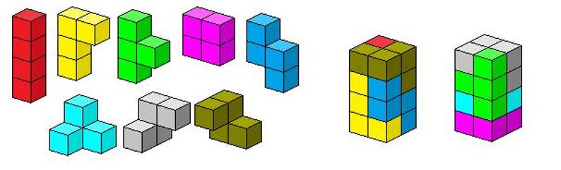 Puede incluir: Un conjunto de bloques de madera de colores en varias formas, incluyendo un rect&aacute;ngulo largo, una forma de T, una forma de L y un cuadrado. Los bloques est&aacute;n dispuestos en un patr&oacute;n de cuadr&iacute;cula, con el rect&aacute;ngulo largo en la esquina superior izquierda y el cuadrado en la esquina inferior derecha.