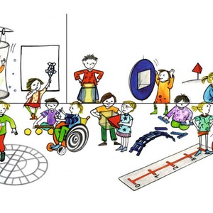May include: A colorful illustration depicts children interacting with various objects. One child is in a glass enclosure, others are playing with shapes, and some are using a ramp. A number line and a red, white, and black ball are also present.