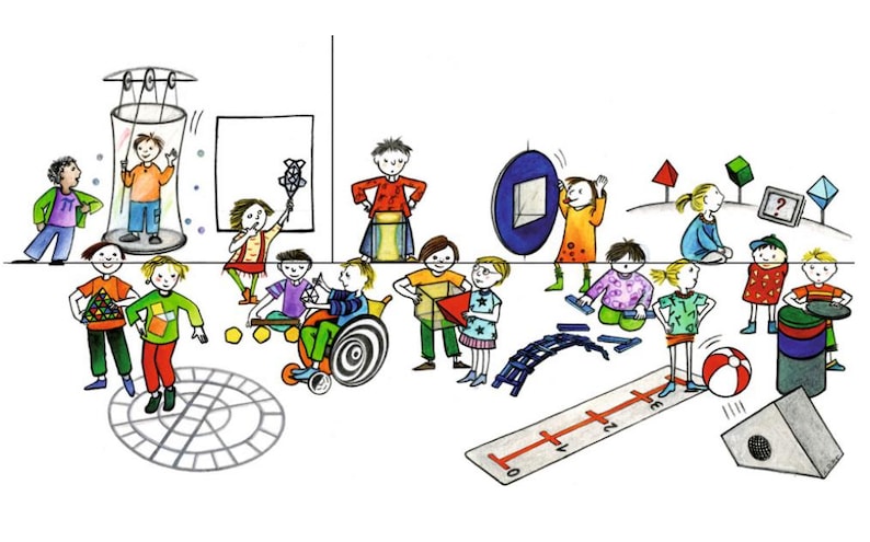 May include: A colorful illustration depicts children interacting with various objects. One child is in a glass enclosure, others are playing with shapes, and some are using a ramp. A number line and a red, white, and black ball are also present.