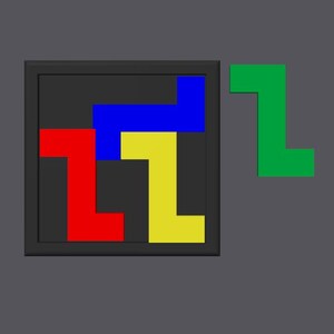 Op de afbeelding: Een puzzelspel met een zwart frame en een donkergrijze achtergrond. De puzzelstukken zijn rood, blauw en geel en vullen het frame. Een groen stuk ligt naast het frame. Het spel is een Tetris-achtig puzzelspel.