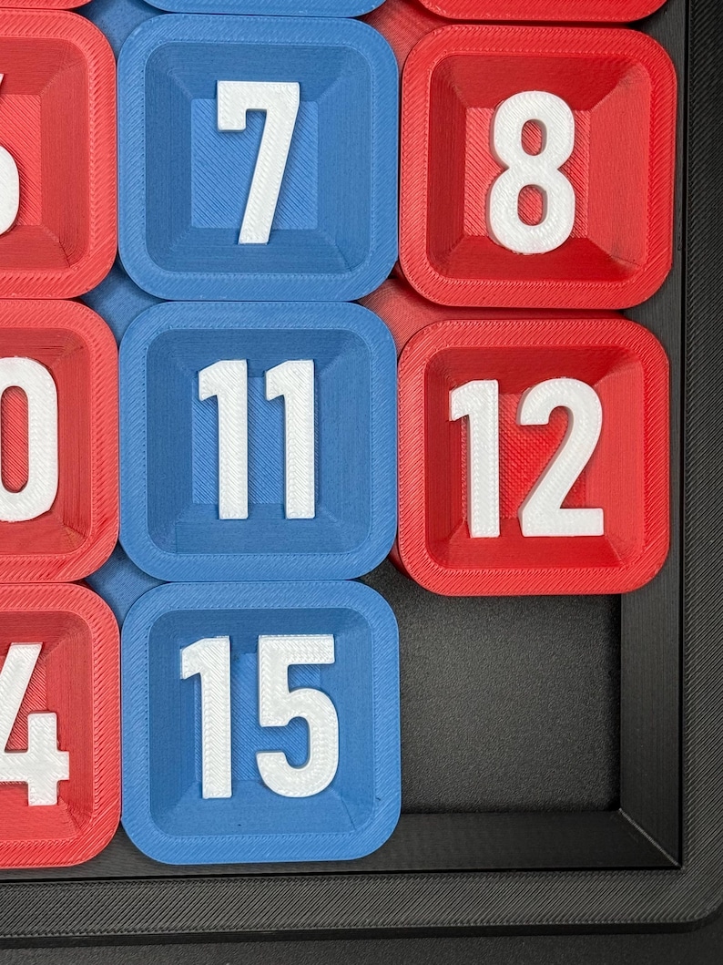 Pu&ograve; includere: Primo piano di un tabellone di gioco blu e rosso con numeri bianchi. I numeri sono 6, 7, 8, 10, 11, 12, 14 e 15.