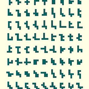 Puede incluir: Una colecci&oacute;n de 64 dise&ntilde;os de arte de p&iacute;xeles azul turquesa, cada uno representando una forma geom&eacute;trica diferente. Las formas est&aacute;n dispuestas en filas y columnas, creando un patr&oacute;n de cuadr&iacute;cula.