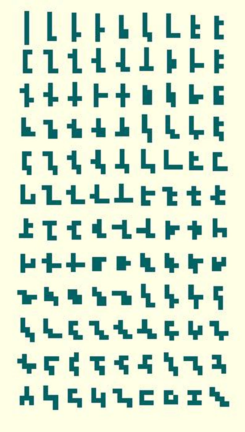 Puede incluir: Una colecci&oacute;n de 64 dise&ntilde;os de arte de p&iacute;xeles azul turquesa, cada uno representando una forma geom&eacute;trica diferente. Las formas est&aacute;n dispuestas en filas y columnas, creando un patr&oacute;n de cuadr&iacute;cula.