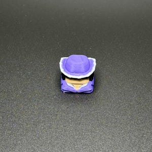 May include: Purple and white 3D printed keycap with a hat and a face.