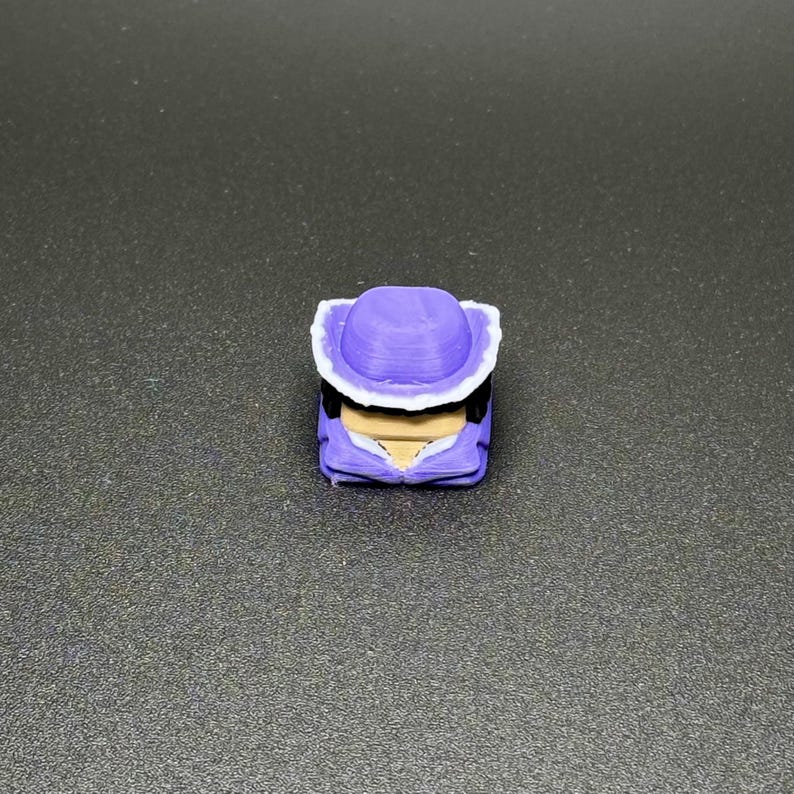 May include: Purple and white 3D printed keycap with a hat and a face.