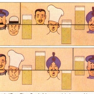 May include: A vintage cartoon illustration featuring various characters, including a chef, a police officer, and a man in a turban, each accompanied by a glass of beer. The artwork is in a retro style, with a warm color palette.