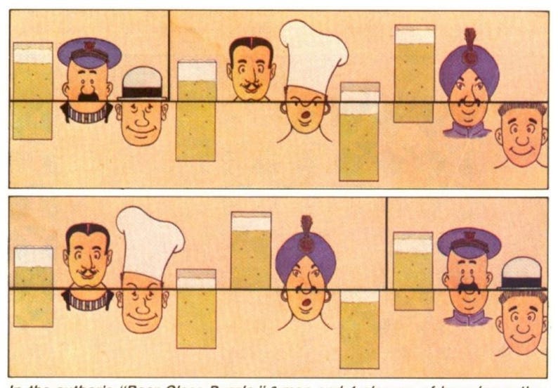 May include: A vintage cartoon illustration featuring various characters, including a chef, a police officer, and a man in a turban, each accompanied by a glass of beer. The artwork is in a retro style, with a warm color palette.