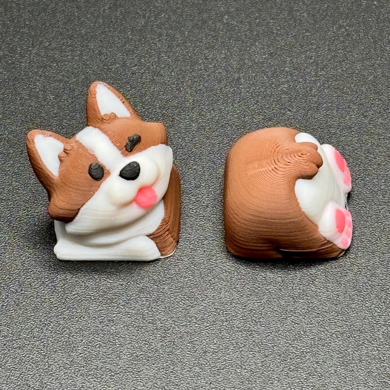 Op de afbeelding: Twee corgi-vormige keycaps. E&eacute;n keycap staat rechtop en toont een bruin en wit corgi-gezicht met een roze tong. De andere keycap ligt op zijn kant en toont de bruine rug en witte buik van de corgi met roze pootjes.