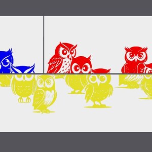 May include: A row of colorful owls with yellow, blue, and red owls. The owls are arranged in a line with their heads facing forward. The owls are all different sizes and have different expressions on their faces.