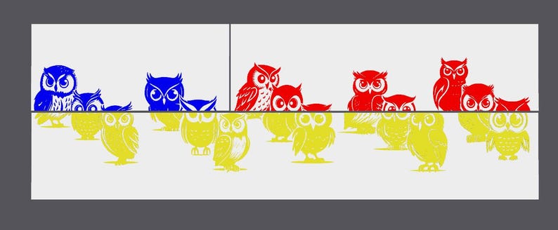 May include: A row of colorful owls with yellow, blue, and red owls. The owls are arranged in a line with their heads facing forward. The owls are all different sizes and have different expressions on their faces.