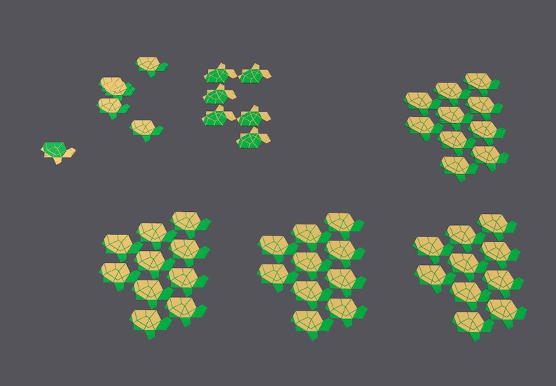 May include: A pattern of green and beige origami turtles in various sizes. The turtles are arranged in a geometric pattern, with the smallest turtle at the top and the largest turtle at the bottom.