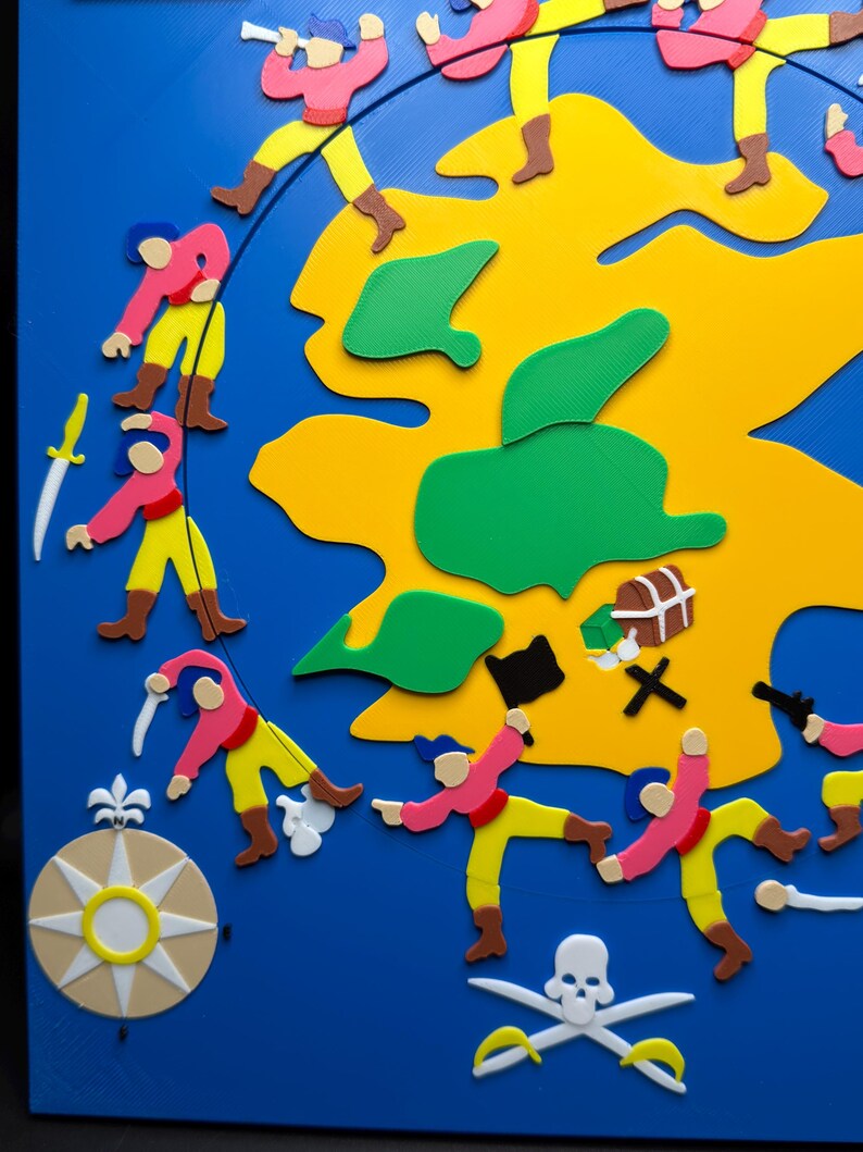 May include: A colorful pirate-themed artwork on a blue background. The design features a yellow island, green landmasses, and cartoon pirates in pink and yellow attire. Includes a compass rose, treasure chest, skull and crossbones, and swords.