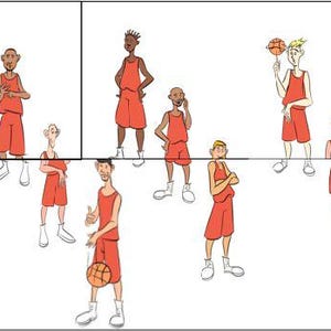 May include: A group of 13 cartoon basketball players wearing red jerseys and shorts. Some players are holding basketballs, while others are dribbling or shooting. The players are on a basketball court with a white background.