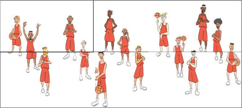 May include: A group of 13 cartoon basketball players wearing red jerseys and shorts. Some players are holding basketballs, while others are dribbling or shooting. The players are on a basketball court with a white background.