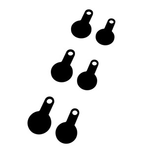 May include: Six black, abstract shapes with a circular base and a small, rounded handle with a white circle at the end. The shapes are arranged diagonally on a white background.