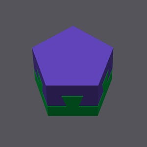 May include: A purple pentagonal prism with a green base and a green top. The prism has a flat top and bottom.