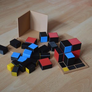 May include: A set of colourful wooden blocks in red, blue, black, and yellow. The blocks are arranged in a random pattern on a wooden surface. There is a wooden box in the background.