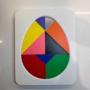 Op de afbeelding: Een witte, eivormige puzzel met een frame. De puzzel bestaat uit 9 stukken in verschillende kleuren: geel, roze, rood, groen, blauw, zwart, oranje, paars en zilver.