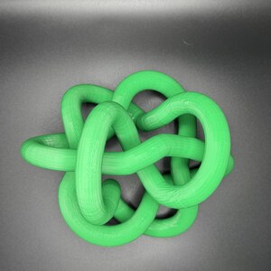 K&ouml;nnte beinhalten: Eine gr&uuml;ne Plastikknotenskulptur. Der Knoten besteht aus einem einzigen St&uuml;ck Plastik, das verdreht und gedreht wird, um ein komplexes Design zu schaffen.