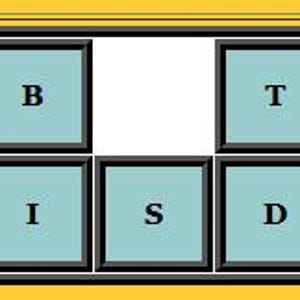 May include: A blue and white tile puzzle with the letters "BISTD" arranged in a grid. The letters are in a light blue square with a black border. The background is white.