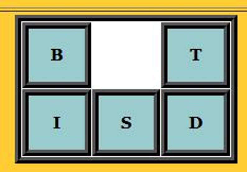 May include: A blue and white tile puzzle with the letters "BISTD" arranged in a grid. The letters are in a light blue square with a black border. The background is white.