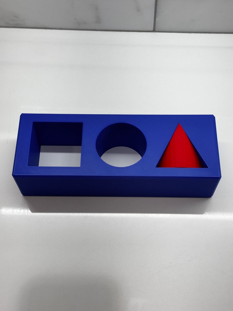 May include: A blue rectangular block with three cutouts: a square, a circle, and a triangle. The triangle cutout is filled with a red triangle.