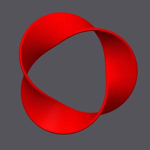May include: A red, three-dimensional, abstract shape resembling a twisted ribbon or a Mobius strip.
